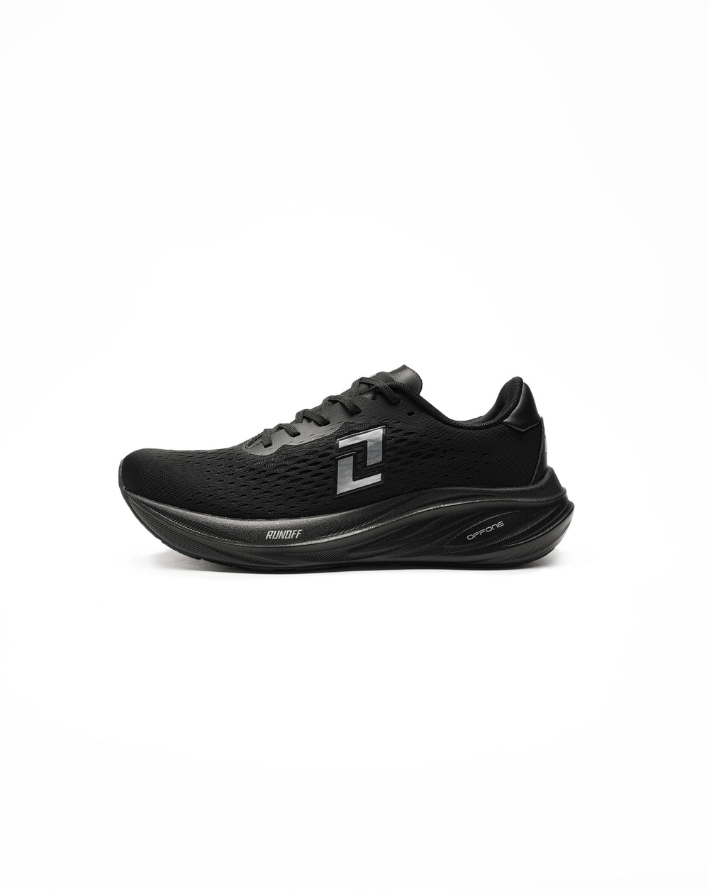 Zapatillas de running Origin negro RunOff vista de perfil y acabados premium.