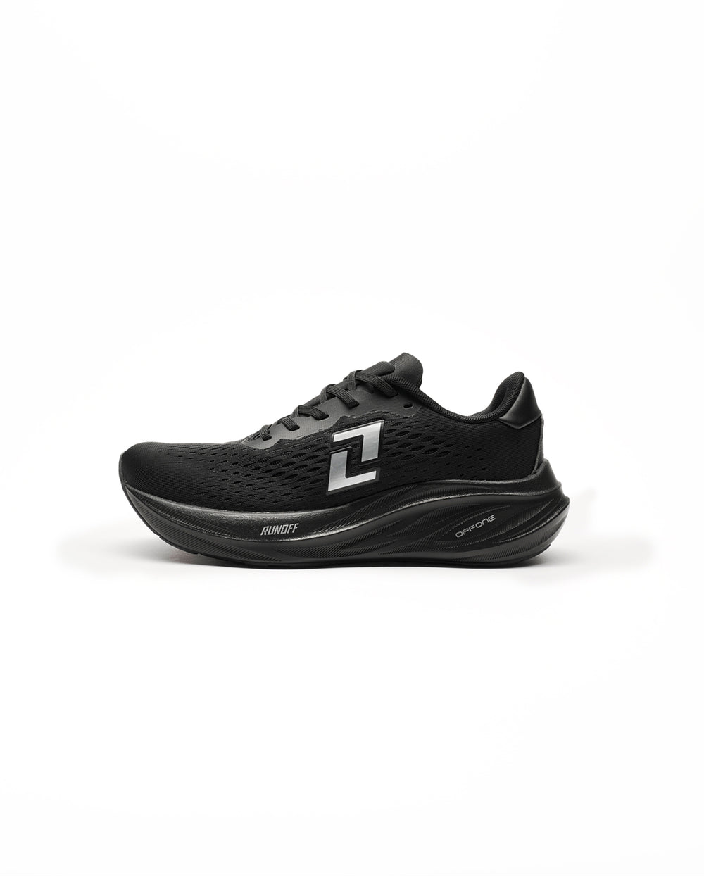 Zapatillas de running Origin negro para mujer RunOff vista de perfil y acabados premium.