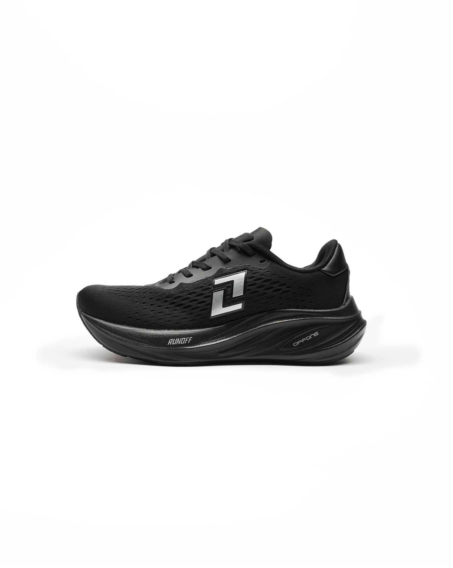 Zapatillas de running Origin negro para mujer RunOff vista de perfil y acabados premium.