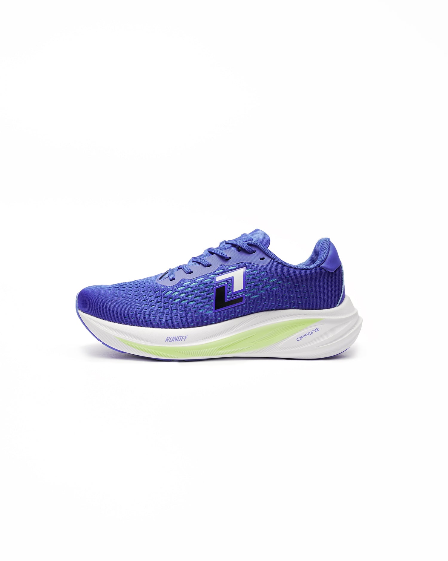 Zapatillas de running Origin Azul, blanco y verde RunOff vista de perfil y acabados premium.