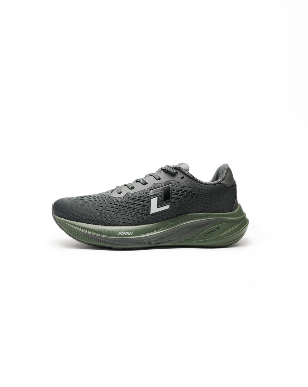 Zapatillas de Running Origin verde militar RunOff vista de perfil y acabados premium.