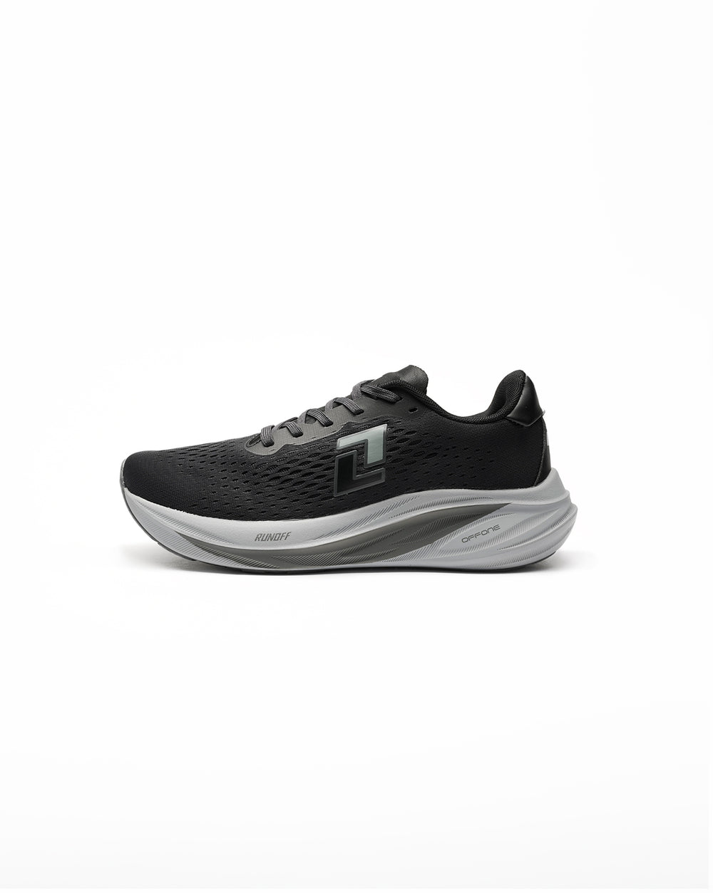 Zapatillas de Running Origin negro y gris RunOff vista de perfil y acabados premium.