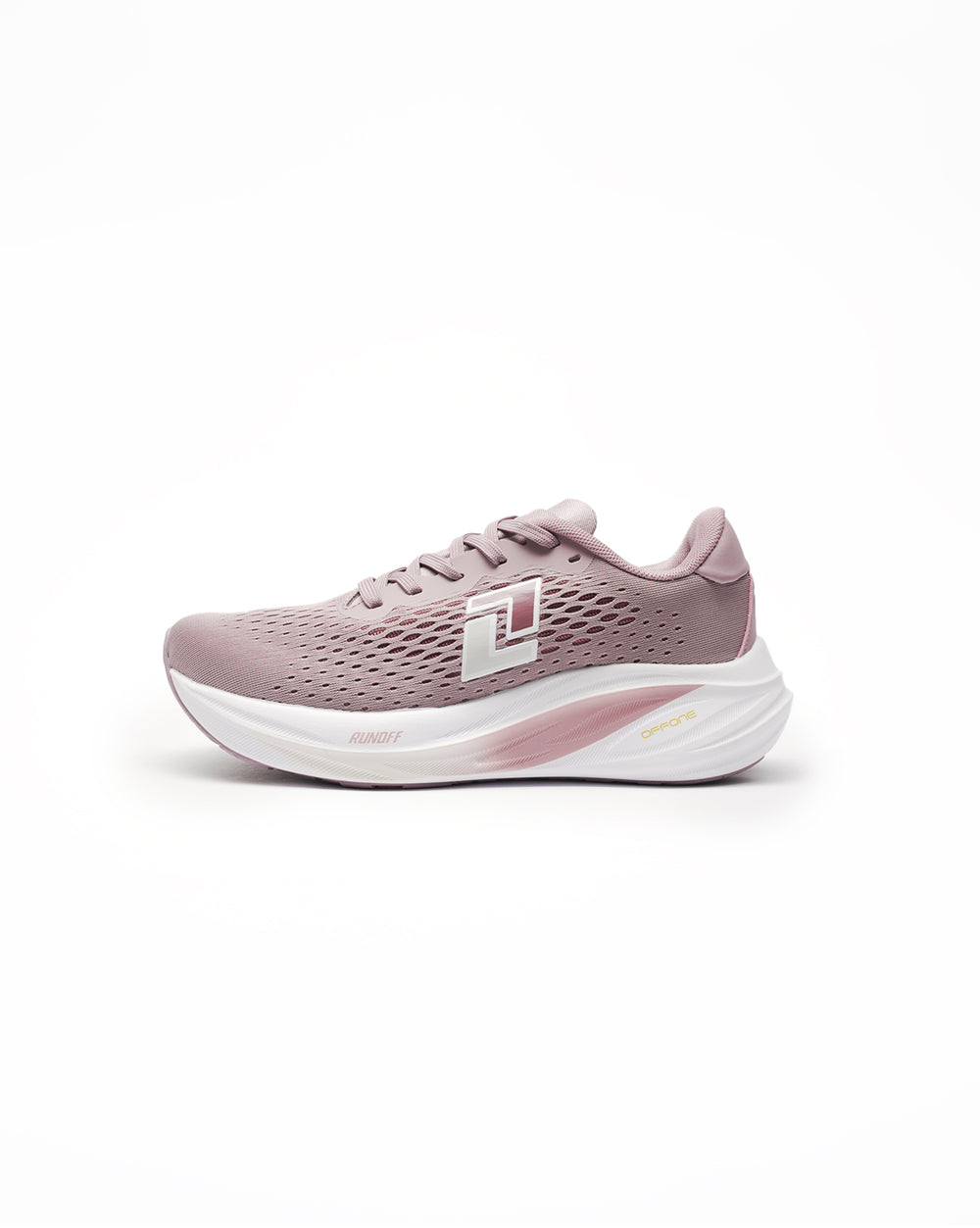 Zapatillas de running Origin rosa RunOff vista de perfil y acabados premium.