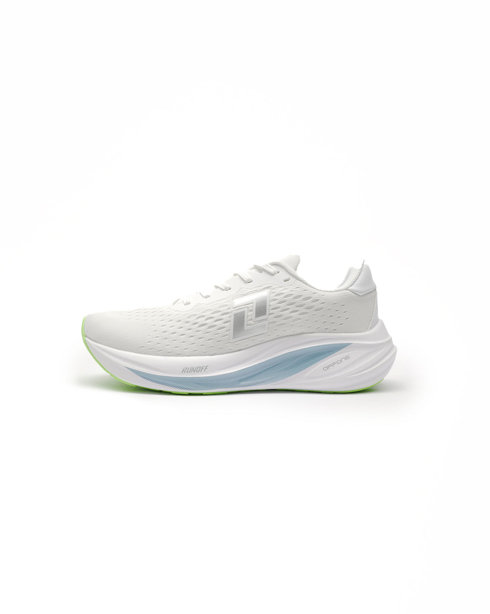 Zapatillas de running Origin blanco y verde RunOff vista de perfil y acabados premium.