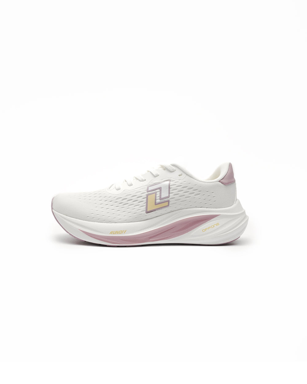 Zapatillas de running Origin blanco y rosa RunOff vista de perfil y acabados premium.
