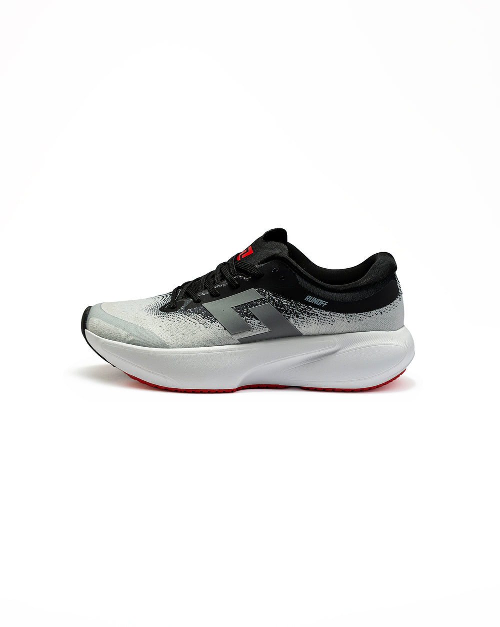 Zapatillas de running Orvit gris y negro RunOff vista de perfil y acabados premium.