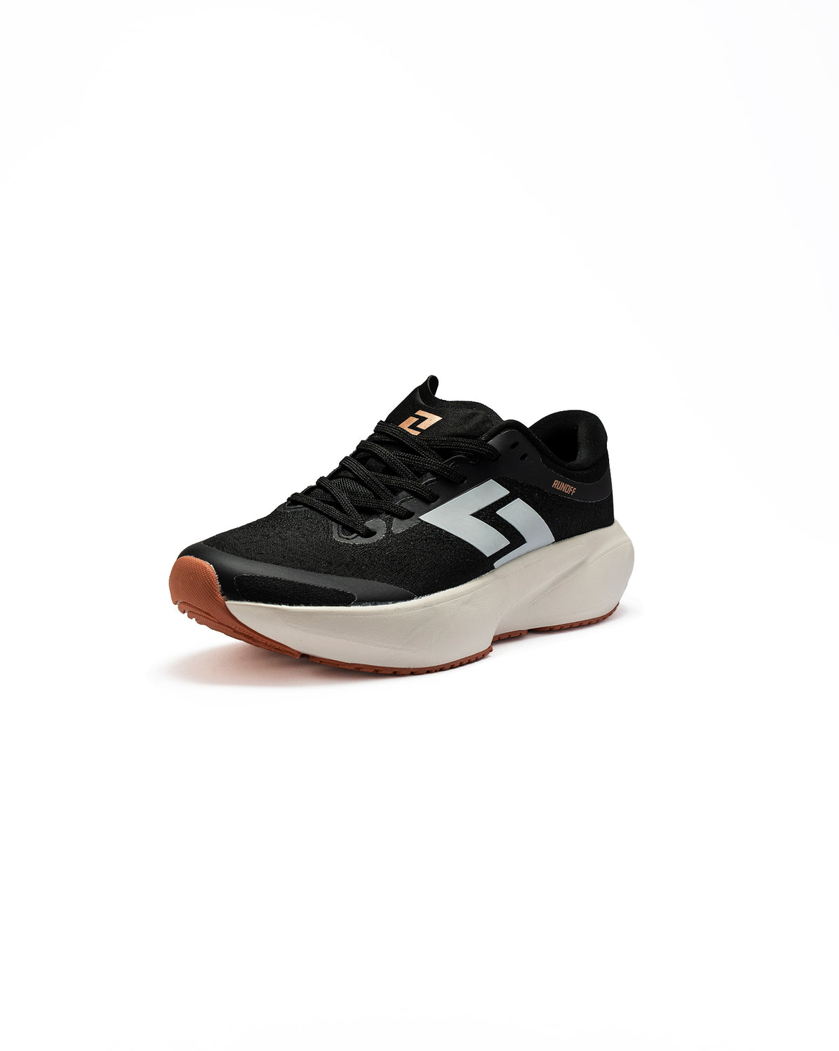 Calzado de correr RunOff Orvit Black Peach con amortiguación superior.