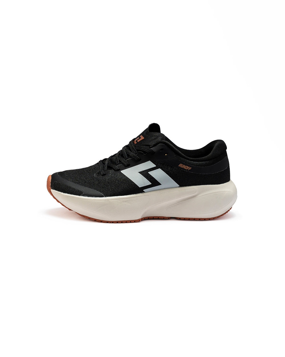 Zapatillas de running Orvit negro, blanco y ocre RunOff vista de perfil y acabados premium.