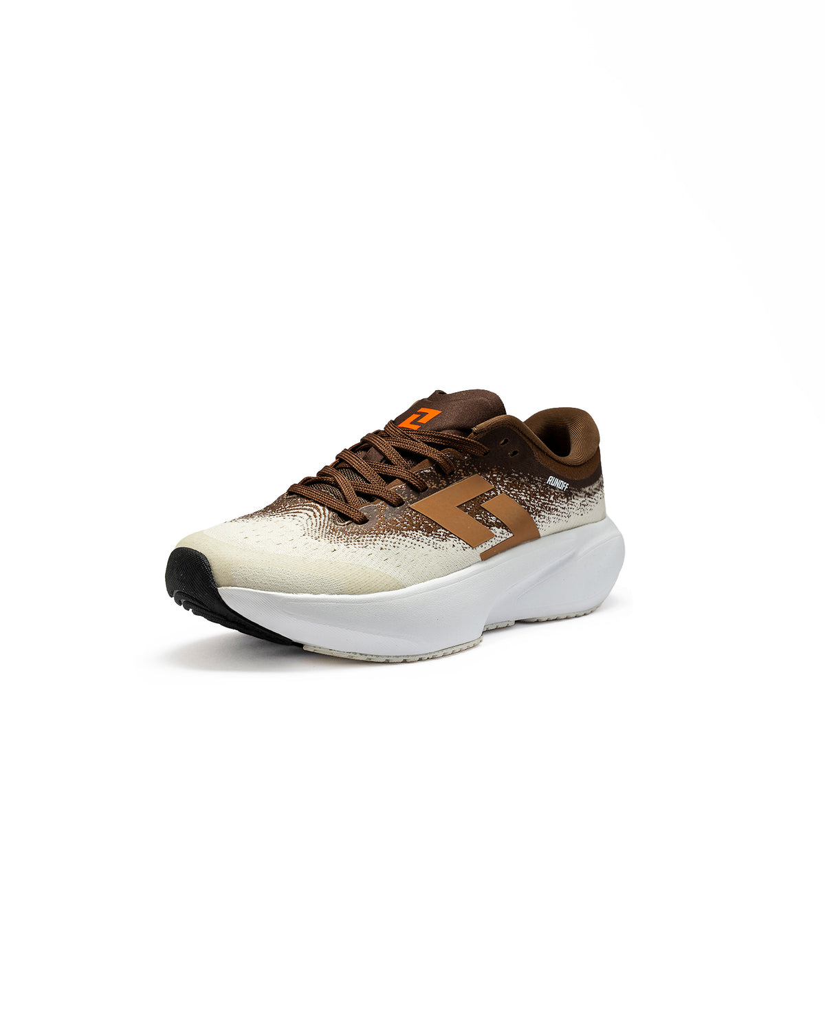 Calzado de correr RunOff Orvit Brown Cream con amortiguación superior.