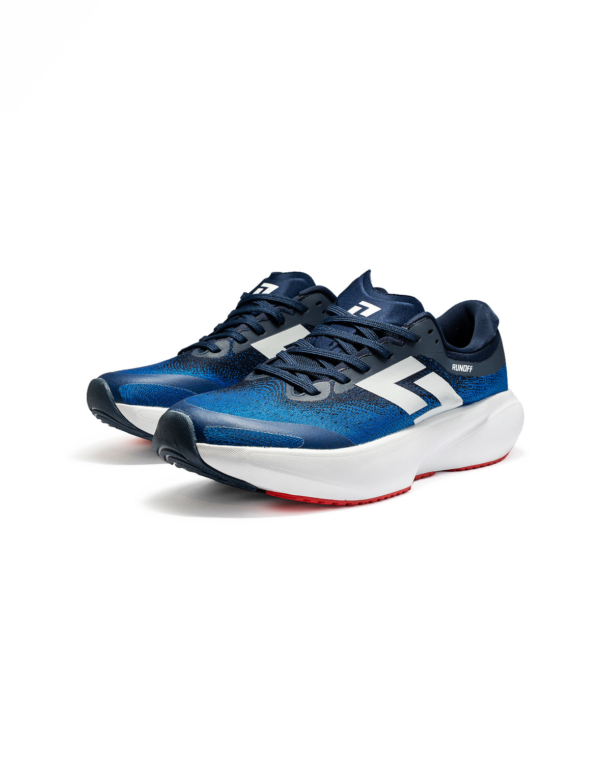 Tenis de running RunOff Orvit color azul con detalles en blanco para hombre vista frontal par completo.