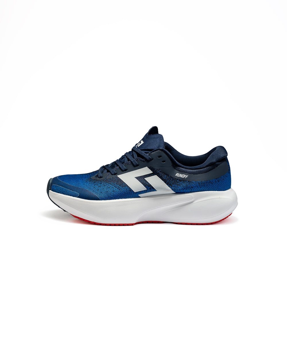Zapatillas de running Orvit azul y blanco RunOff vista de perfil y acabados premium.