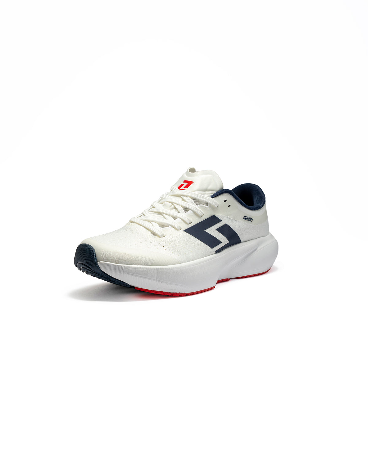 Calzado de correr RunOff Orvit Ivory Navy con amortiguación superior.