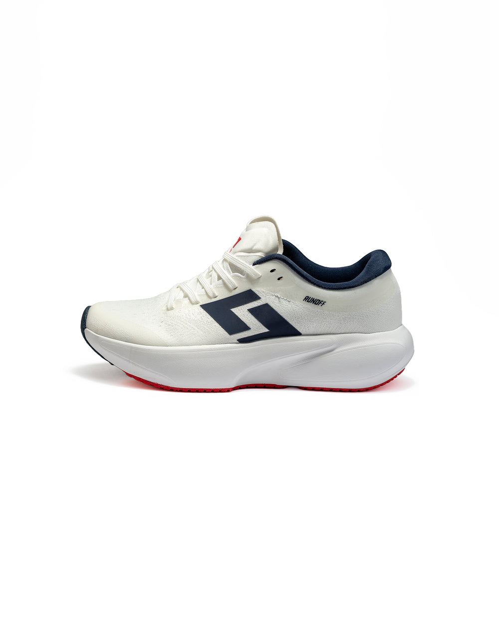 Zapatillas de running Orvit blanco y azul RunOff vista de perfil y acabados premium.