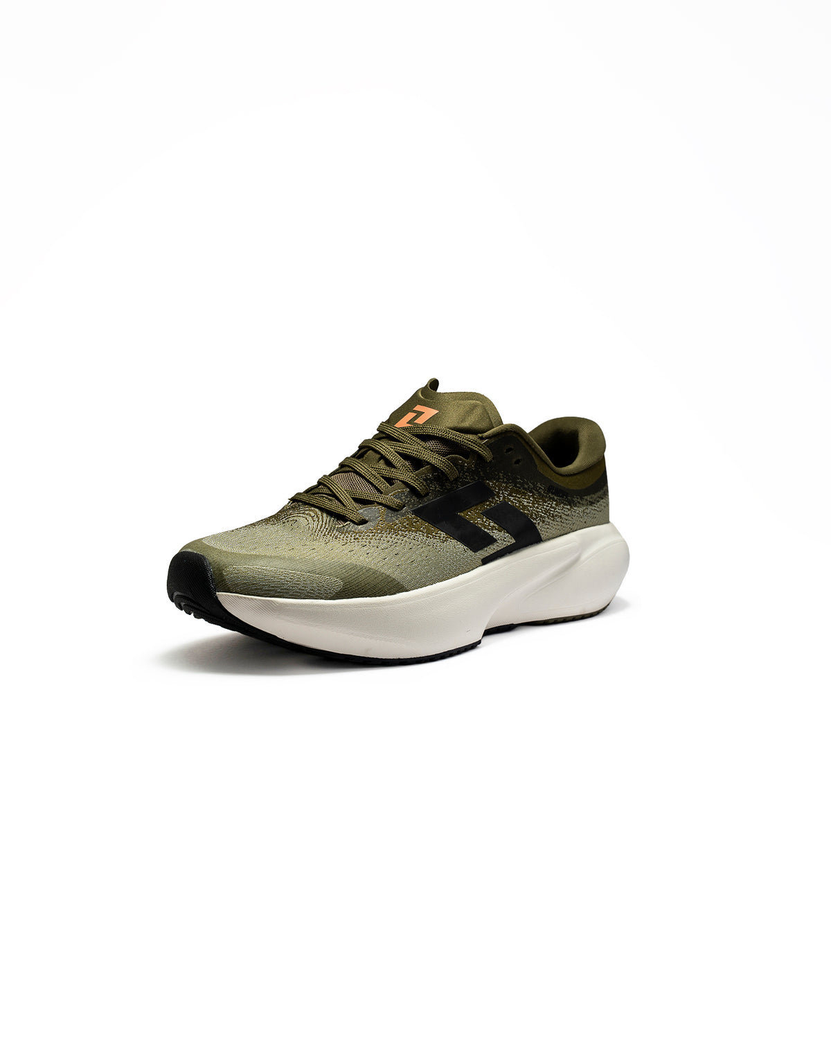 Calzado de correr RunOff Orvit Olive Cream con amortiguación superior.