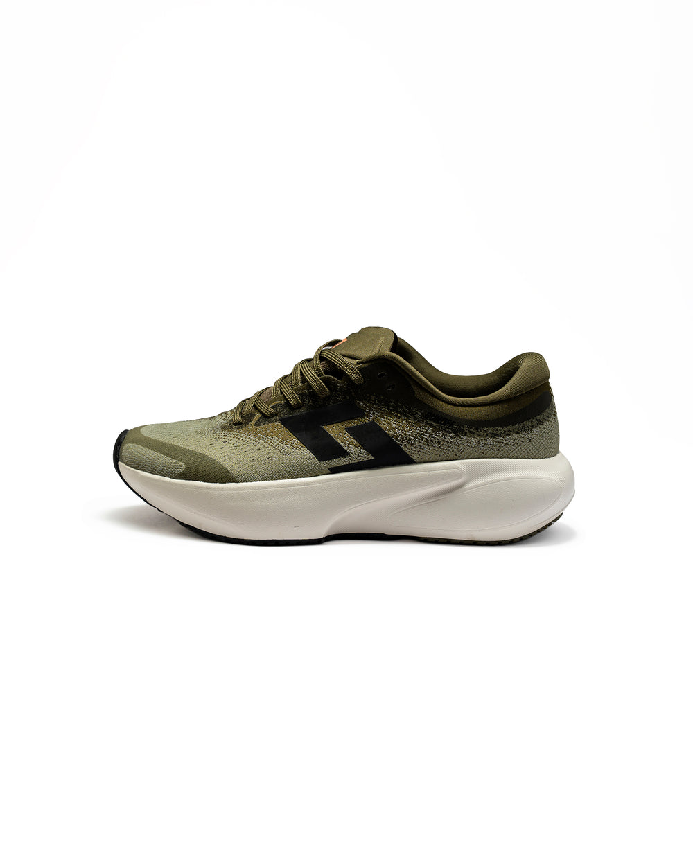 Zapatillas de running Orvit verde militar RunOff vista de perfil y acabados premium.