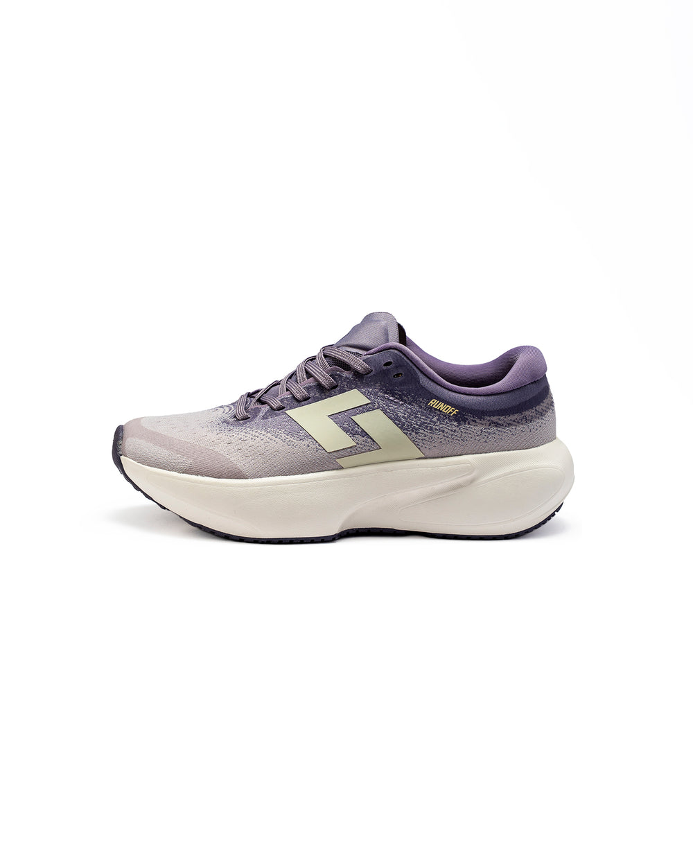 Zapatillas de running Orvit purpura y crema RunOff vista de perfil y acabados premium.
